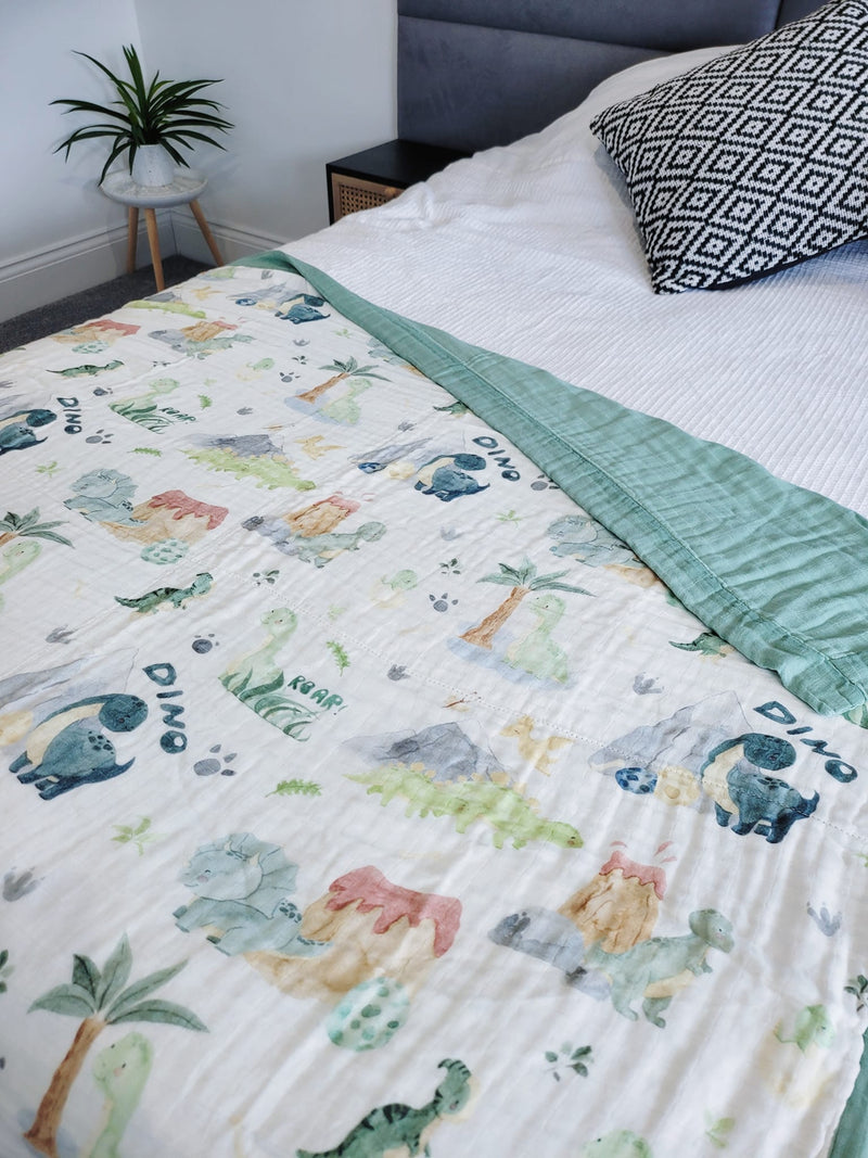 Little Green Dinosaur Muslin Blanket